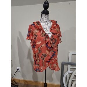 Chaps southwestern Aztec sheer blouse Women's SZ XL flutter sleeve button front